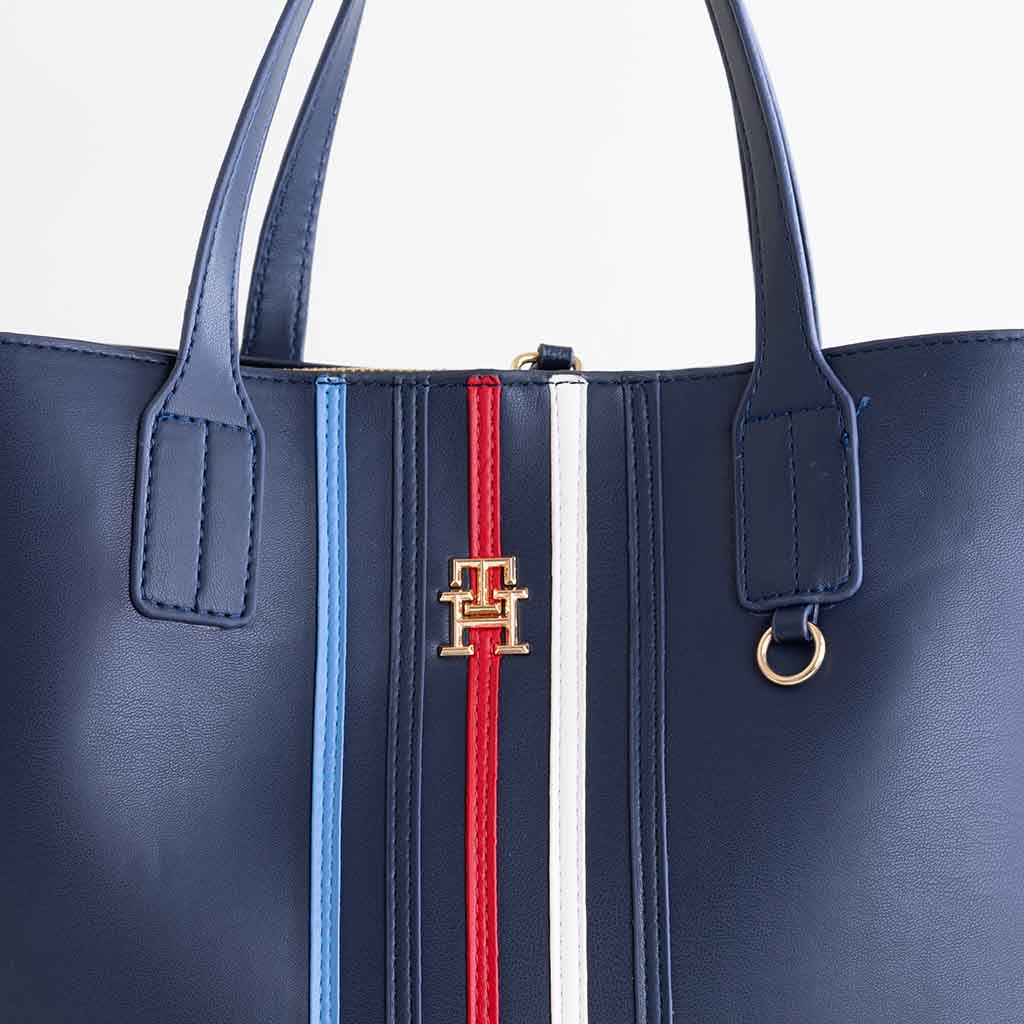 Women's Elegant Navy Blue Faux Leather Tote Bag with Striped Detail & Top Handles #0086