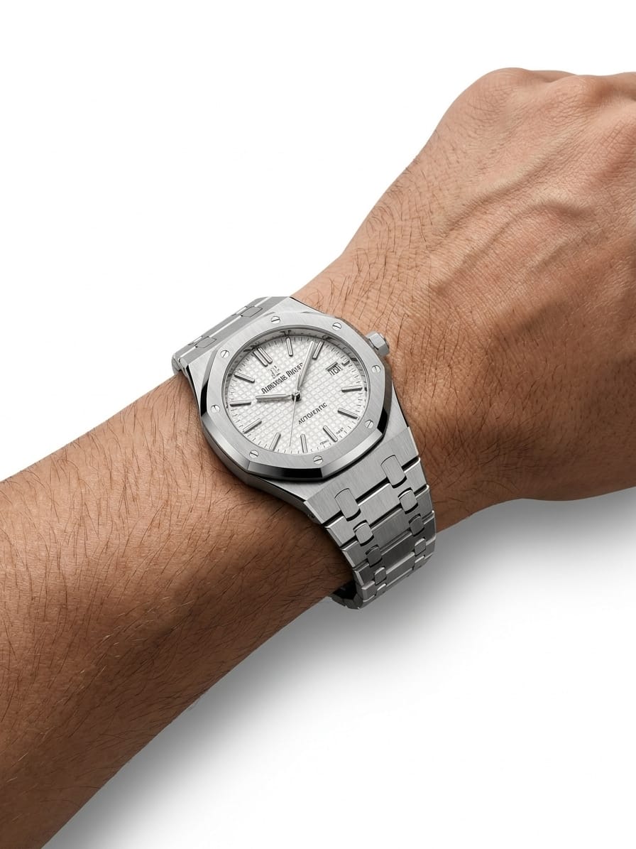 Audemars Piguet Royal Oak Style Men's Stainless Steel Automatic Watch with Silver Dial and Deployment Clasp