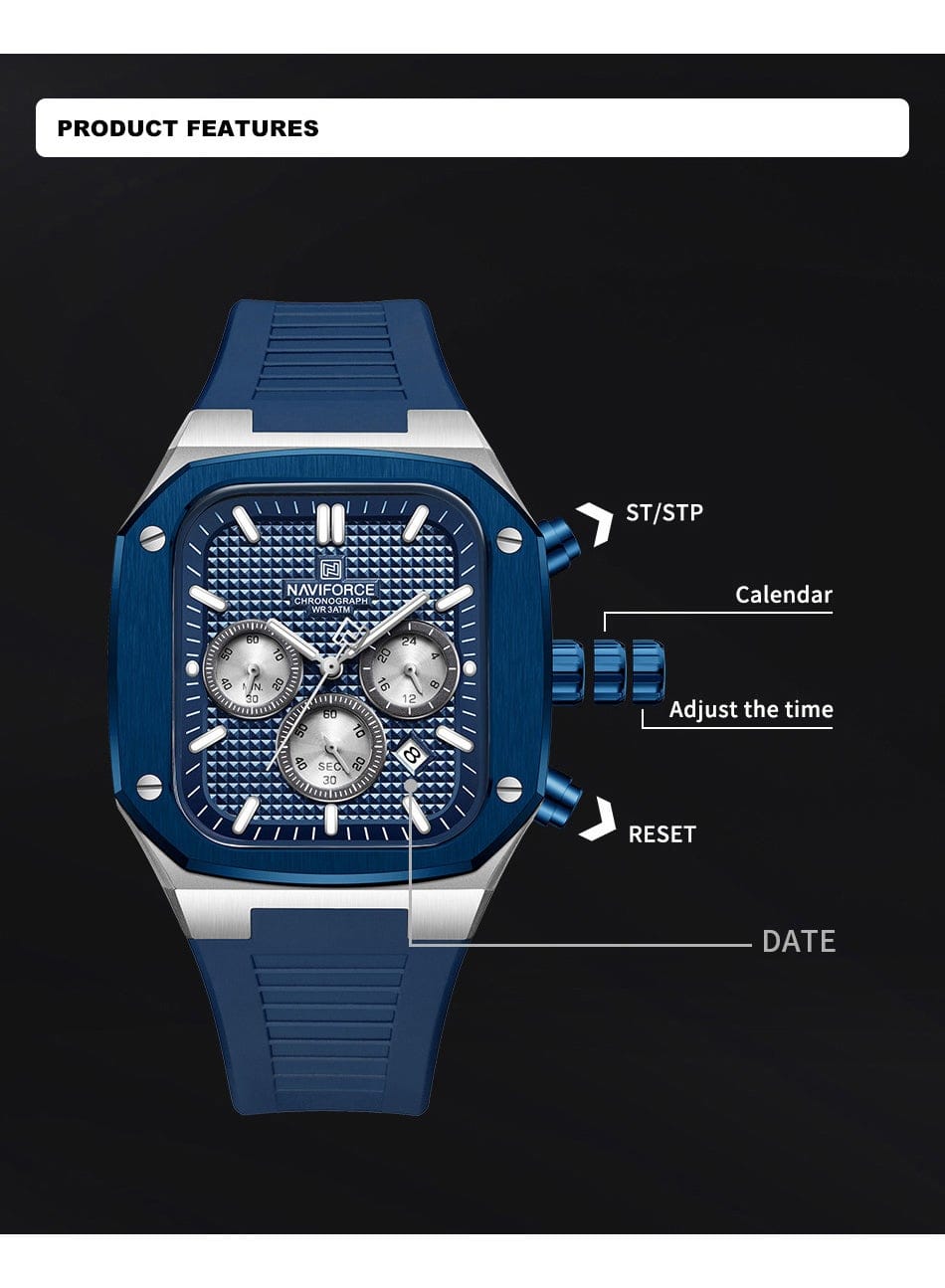 NAVIFORCE NF8037 Men's Chronograph Watch with Blue Silicone Strap, 30M Water Resistant