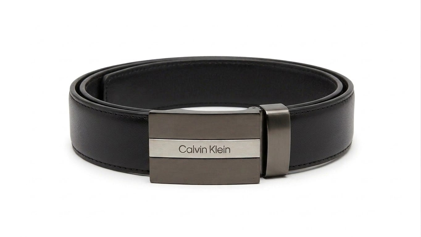Calvin Klein Men's Reversible Belt – Dual-Texture Black Leather with Two-Tone Metal Buckle#025