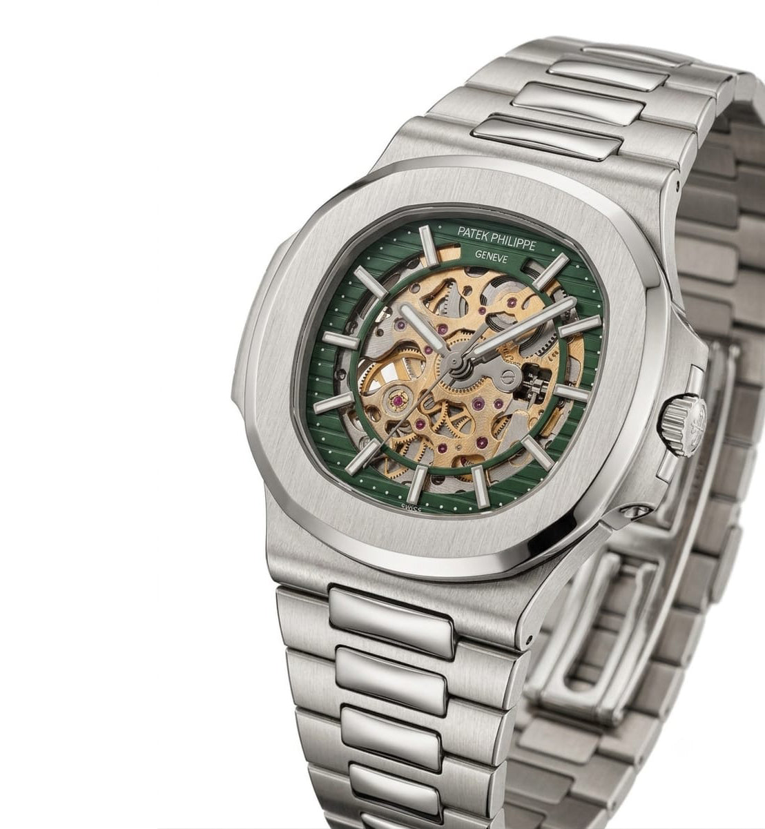 Luxury Nautilus-Inspired Skeleton Automatic Watch – Green Dial, Integrated Stainless Steel Bracelet