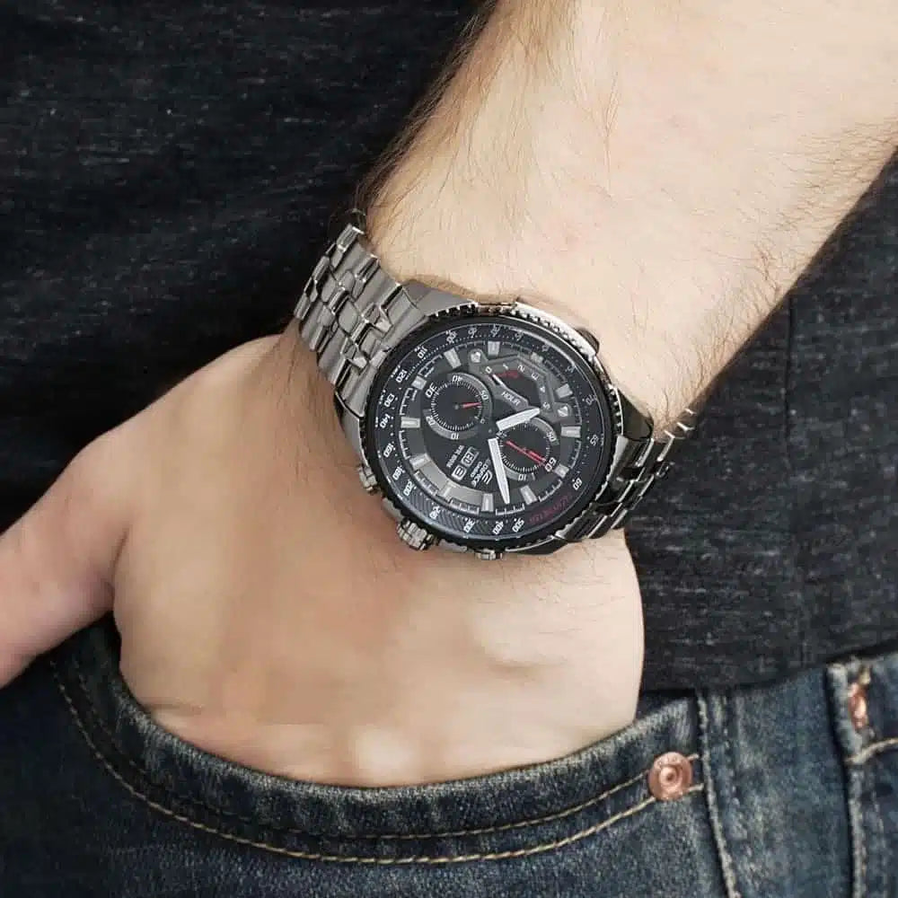 Casio Edifice EF-558D-1AV Men’s Chronograph Watch – Black Dial, Silver Stainless Steel Bracelet, Quartz Movement