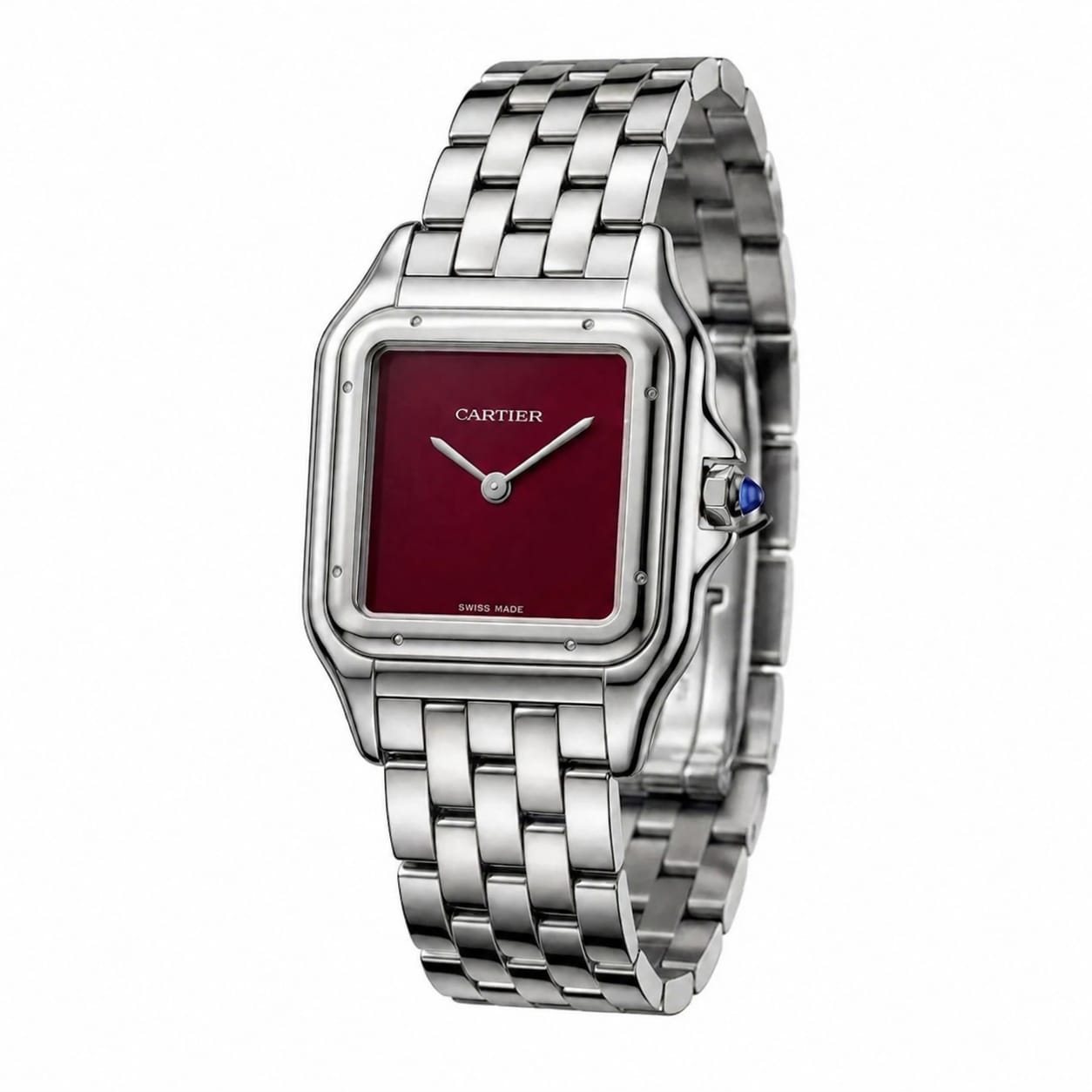 Panthère de Cartier watch burgundy red dial Silver Strap medium model