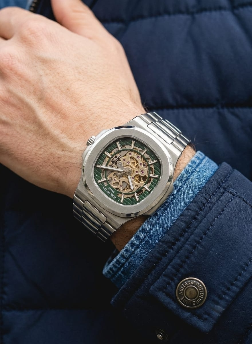 Luxury Nautilus-Inspired Skeleton Automatic Watch – Green Dial, Integrated Stainless Steel Bracelet