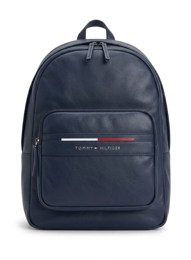 Tommy Hilfiger Navy Leather Backpack – Premium Everyday Backpack with Signature Stripe Design#54-100
