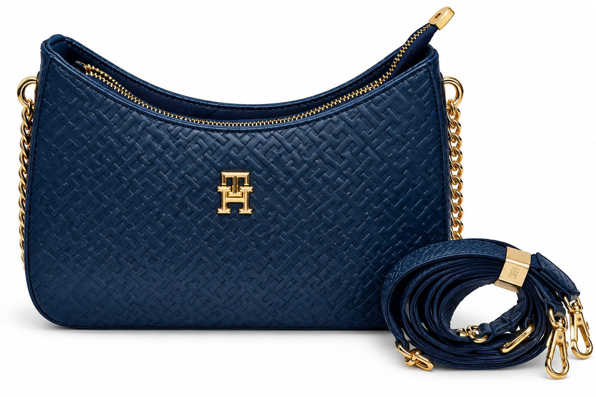 Tommy Hilfiger Women's Embossed Shoulder Bag, Navy Blue with Gold Chain Strap#0099