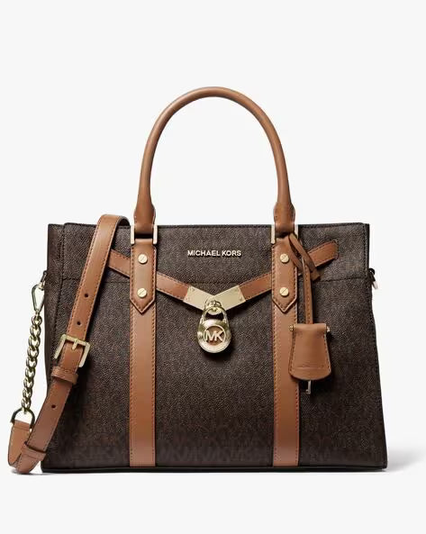 Michael Kors Women's Monogram Signature Satchel Shoulder Bag with Lock Charm & Strap - Brown #0027