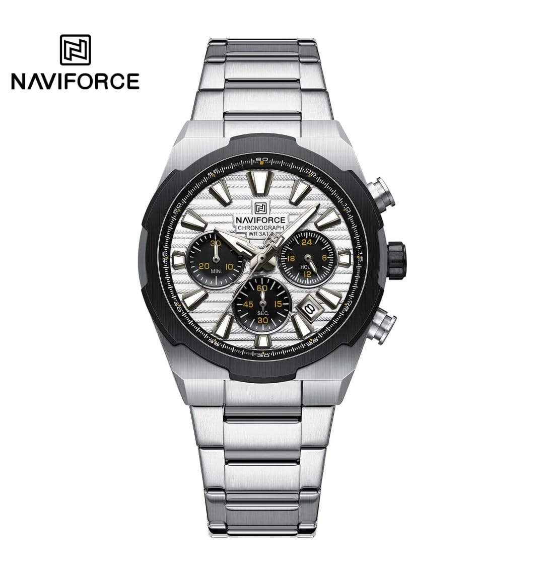 NAVIFORCE NF8081 S/W/S Men's Chronograph Watch, Silver Stainless Steel, White Dial