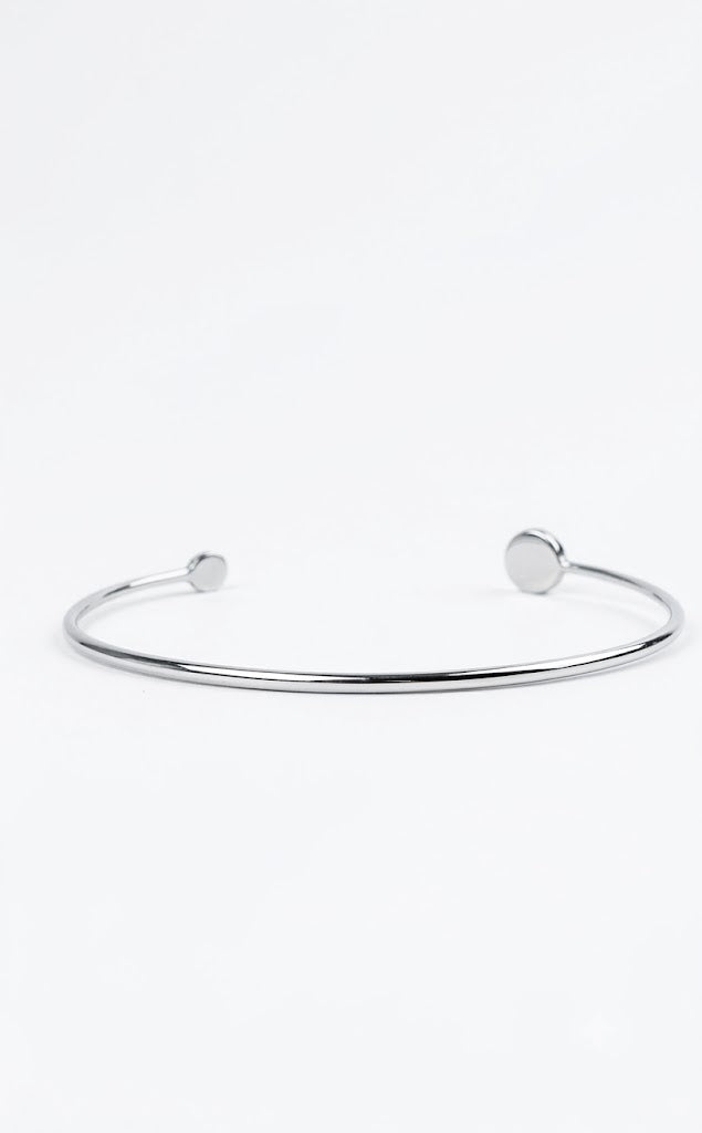 Women's Silver Stainless Steel Open Cuff Bracelet – Minimalist Design with Asymmetrical Circular Ends#017