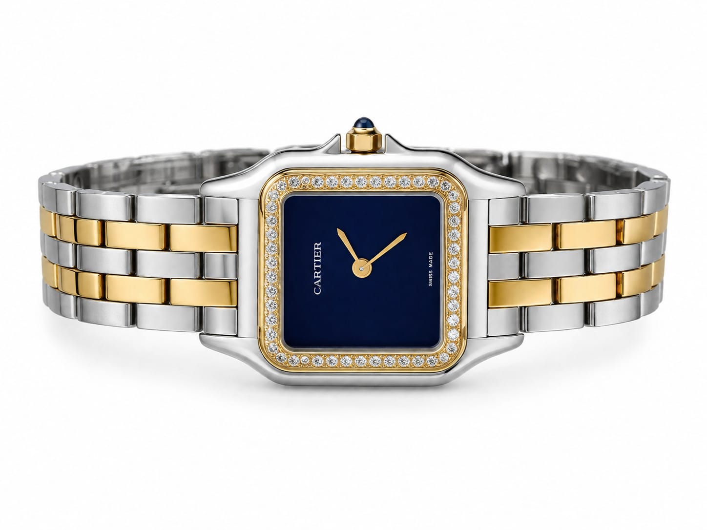 Cartier Panthère-Inspired Women’s Two-Tone Gold & Silver Square Watch with Sparkling Rhinestone-Set Bezel & Navy Blue Dial Dimensions: 36.5 × 26.7 mm(Medium Case)