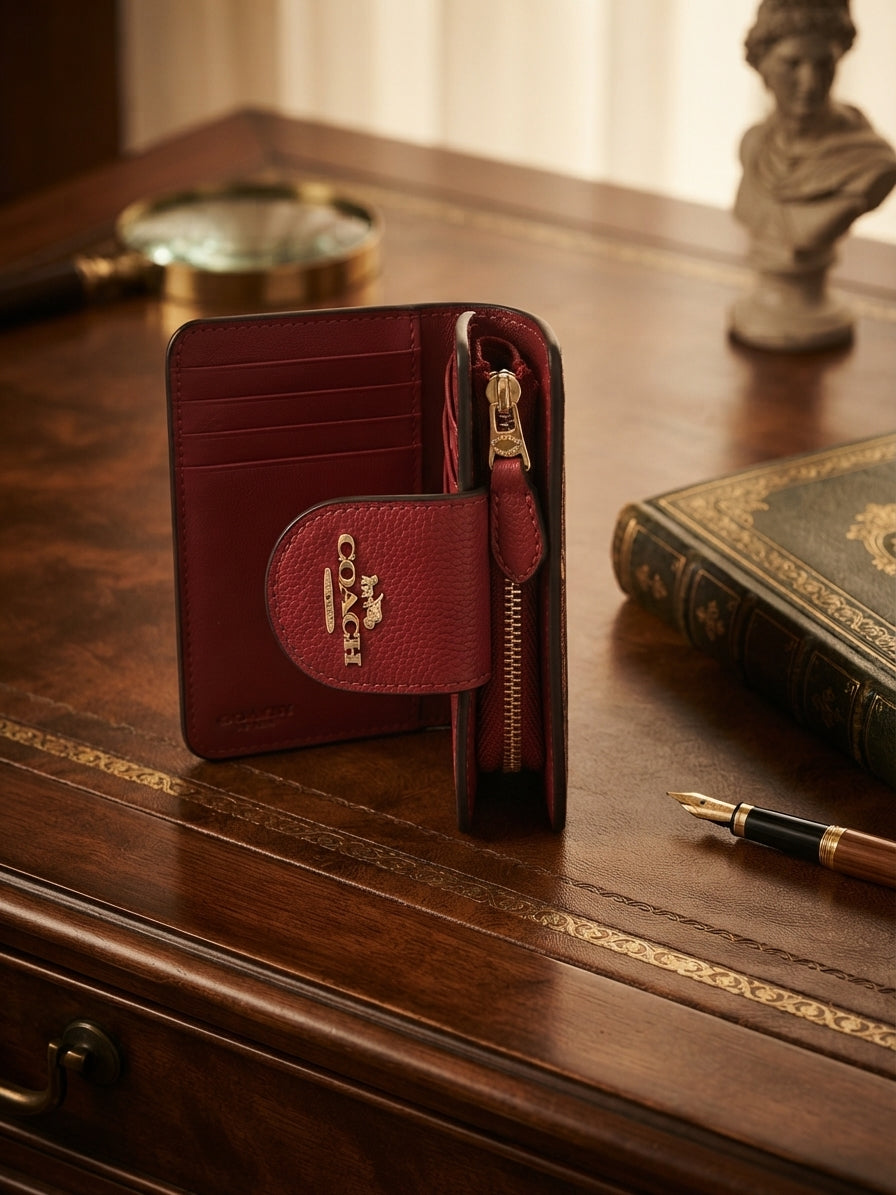 Coach Signature Medium Corner Zip Wallet - Brown/Red