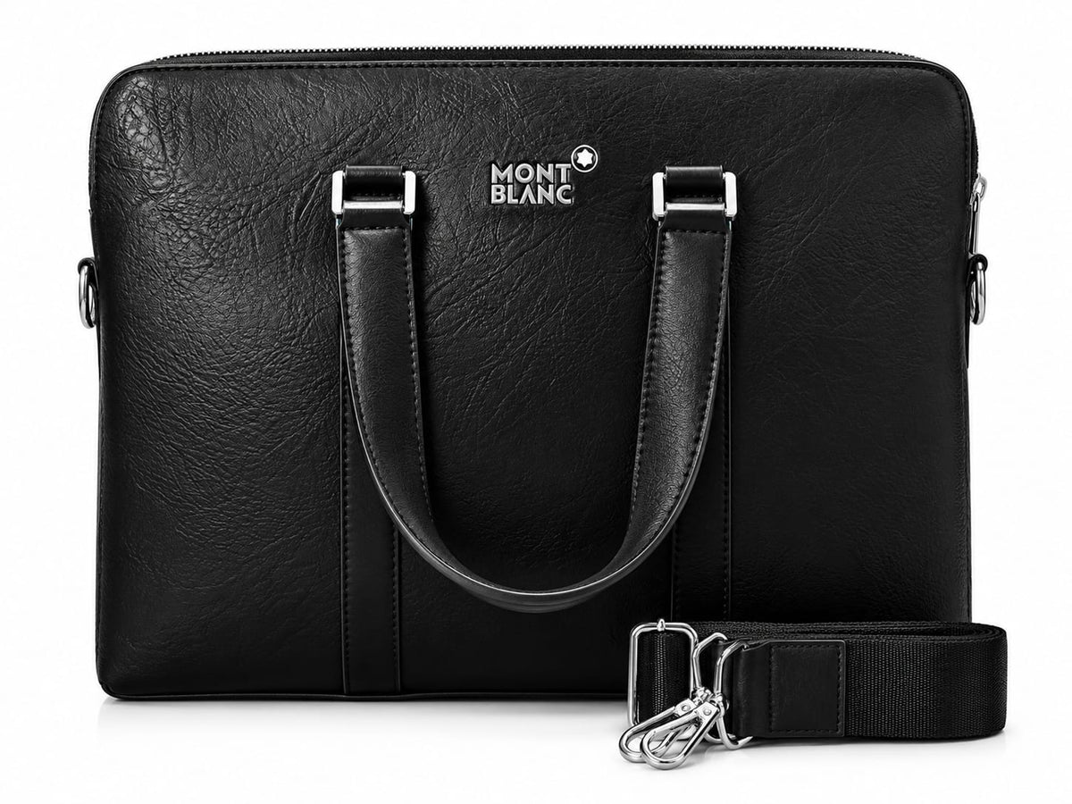 Montblanc Black Laptop Briefcase, Premium Leather Business Bag with Shoulder Strap#0002