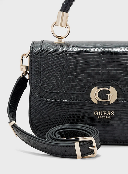 GUESS Orlina Top Handle Crossbody Bag – Black Textured Faux Leather
