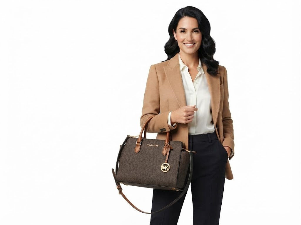 Michael Kors Women's Brown Signature Monogram Structured Tote Bag with Leather Handles#0038
