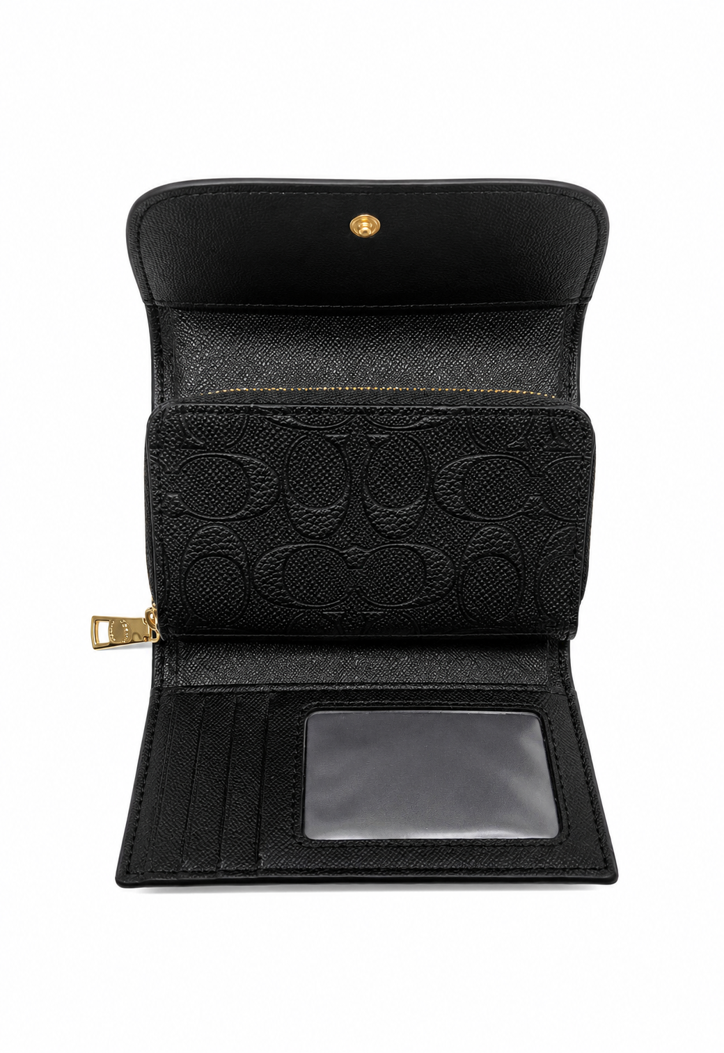 COACH Women's Premium Leather Wallet – Black with Signature Embossed Pattern & Gold Zipper#02