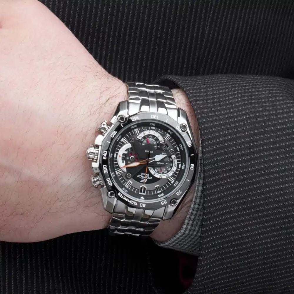 Casio Edifice EF-550D-1AV Chronograph Watch – Men's Stainless Steel Watch with Black Dial & Silver Strap