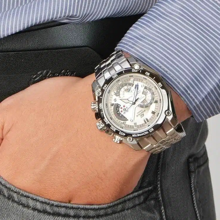 Men’s Chronograph Watch – Casio Edifice EF-550D-7AV, White Dial with Stainless Steel Silver Strap