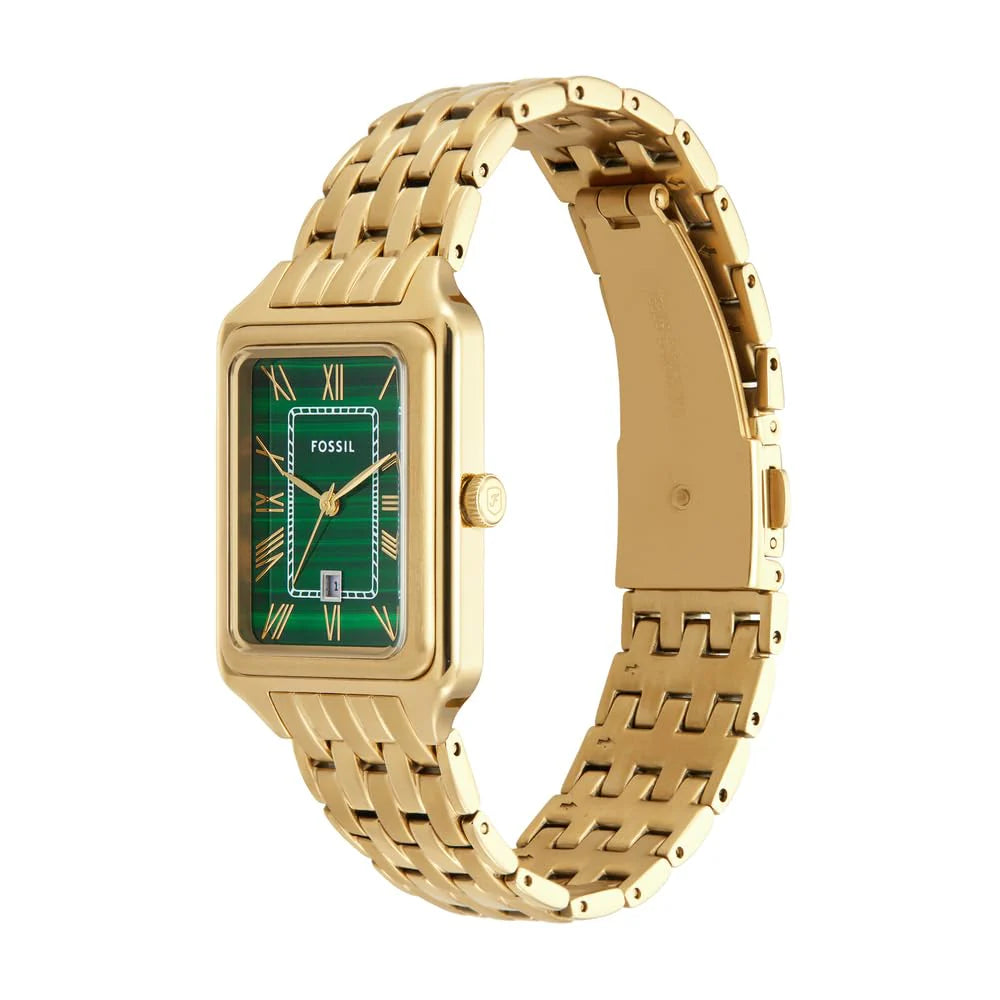 Stylish Women’s Raquel Three-Hand Date Gold-Tone Stainless Steel Watch – 26 mm, Quartz Analog, Green Dial (ES5341)