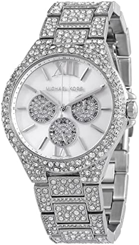 Michael Kors Camille Women’s Chronograph Watch – Silver Stainless Steel with Crystal Accents | Pearl White Dial | 42mm | MK6957