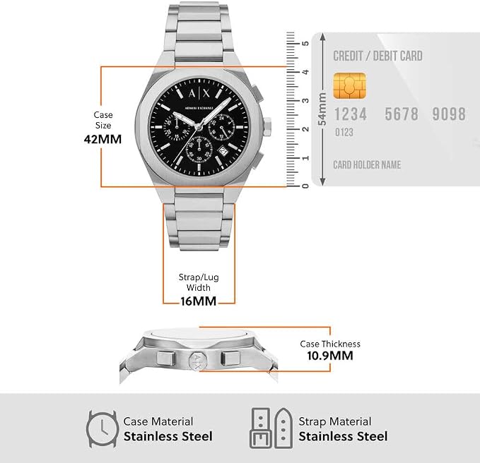 Armani Exchange Men's Chronograph Watch, Silver-Tone with Black Dial, AX4186