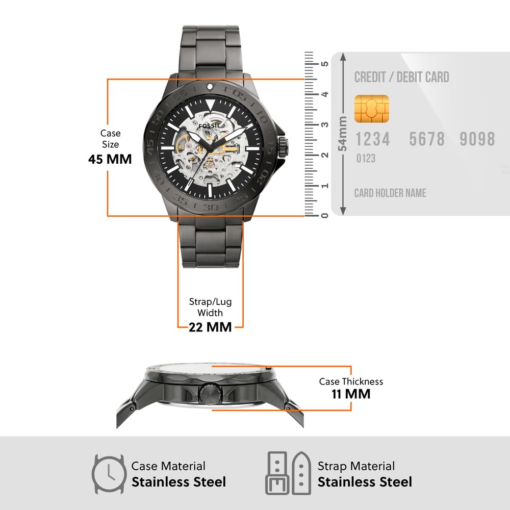 Fossil Bannon Grey Automatic Stainless Steel Watch BQ2678 – 45mm Unisex Analog Wristwatch