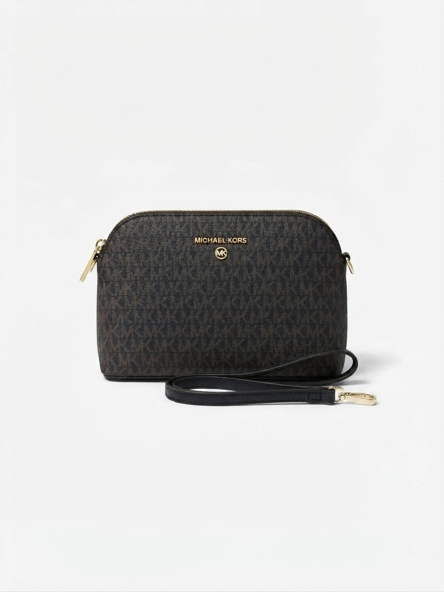 Women’s Black Signature Monogram Crossbody Bag – Two-Compartment Design with Gold-Tone Hardware#0044