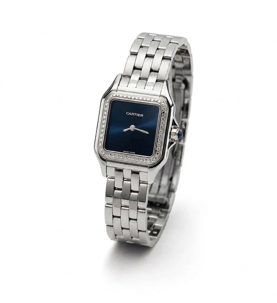Cartier Panthère-Inspired Women’s Silver-Tone Square Watch with Sparkling Rhinestone-Set Bezel & Navy Blue Dial (Small Case) Dimensions: 25.1 × 18.5 mm