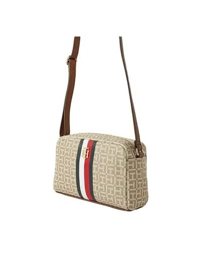 Tommy Hilfiger icons Women's Crossbody Bag – Beige Monogram Shoulder Bag with Adjustable Strap#001