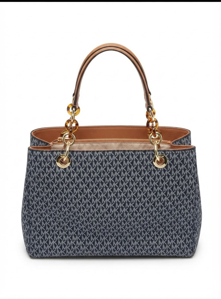 Michael Kors Monogram Tote Bag with Chain Straps and Gold Accents, Blue#0056