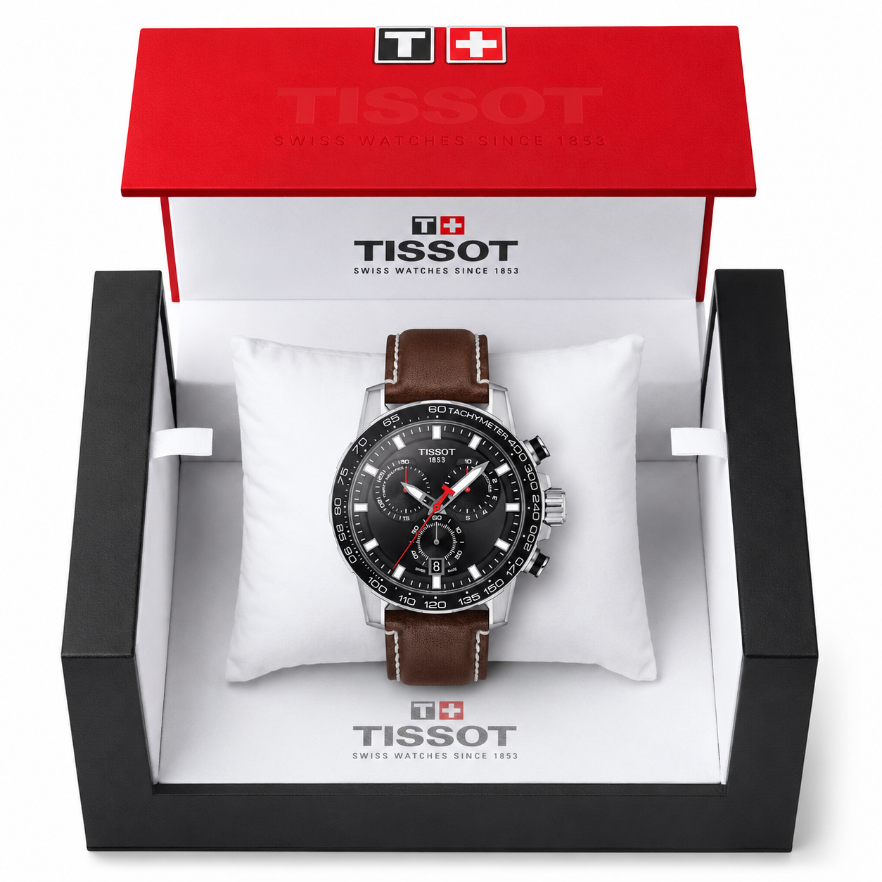 Tissot Supersport Chrono Men's Swiss Quartz Chronograph Watch T125.617.16.051.01 – 45.5 mm, Black Dial & Brown Leather Strap