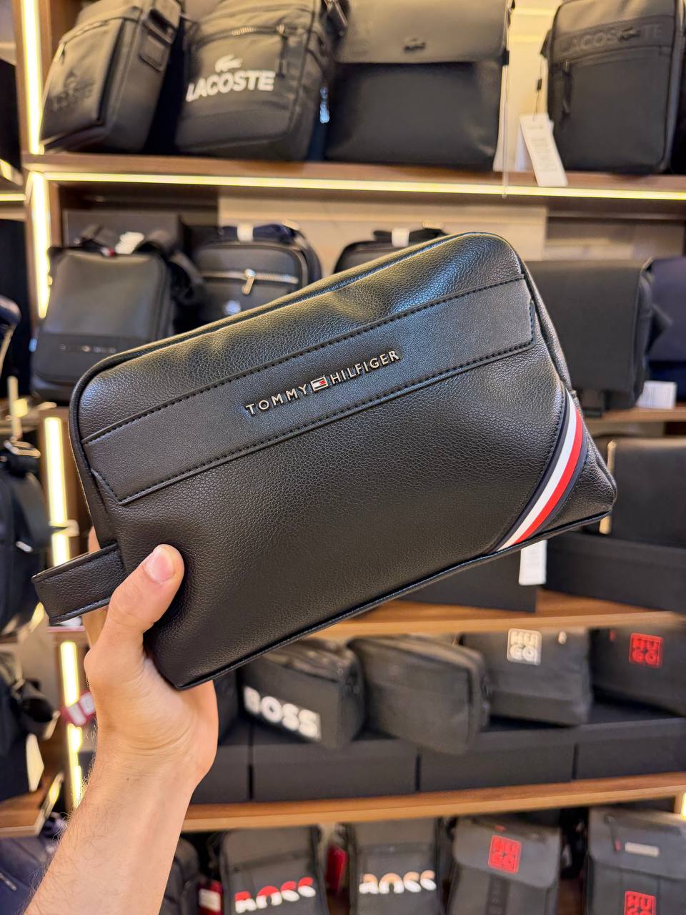 Tommy Hilfiger Polished Black Men’s Pouch With Corner Stripe #41