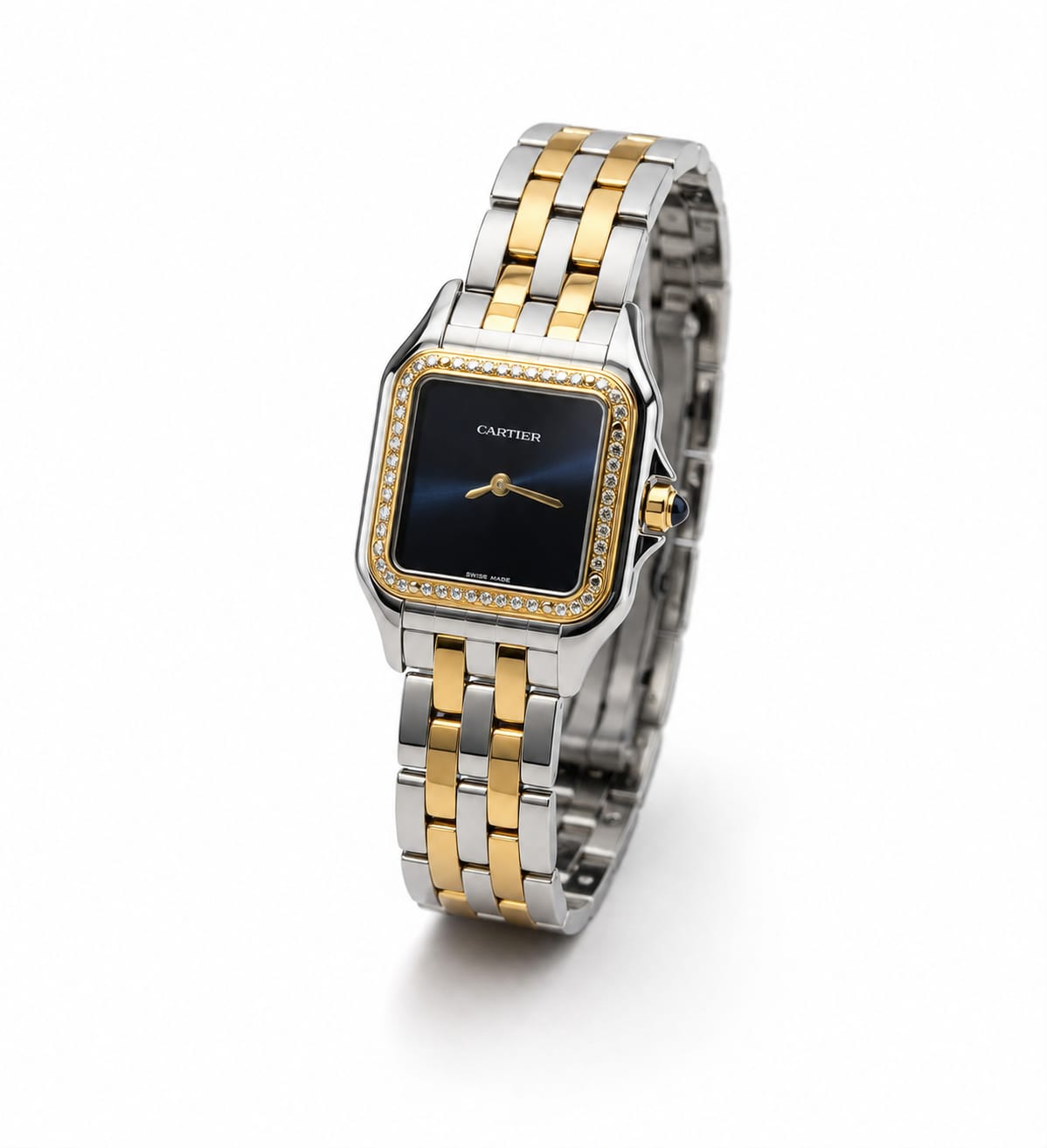 Cartier Panthère-Inspired Women’s Two-Tone Gold & Silver Square Watch with Sparkling Rhinestone-Set Bezel & Navy Blue Dial (Small Case) Dimensions: 25.1 × 18.5 mm