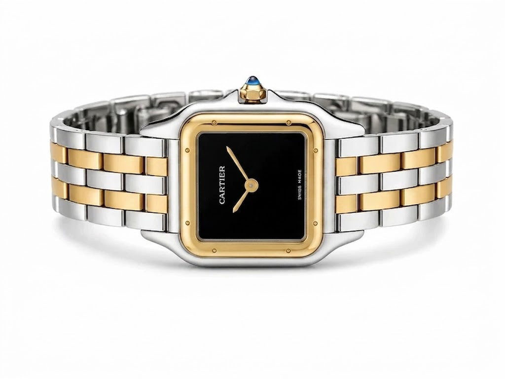 Cartier Panthère-Inspired Women’s Two-Tone Gold & Silver Square Watch with Black Dial (Small Case) Dimensions: 25.1 × 18.5 mm