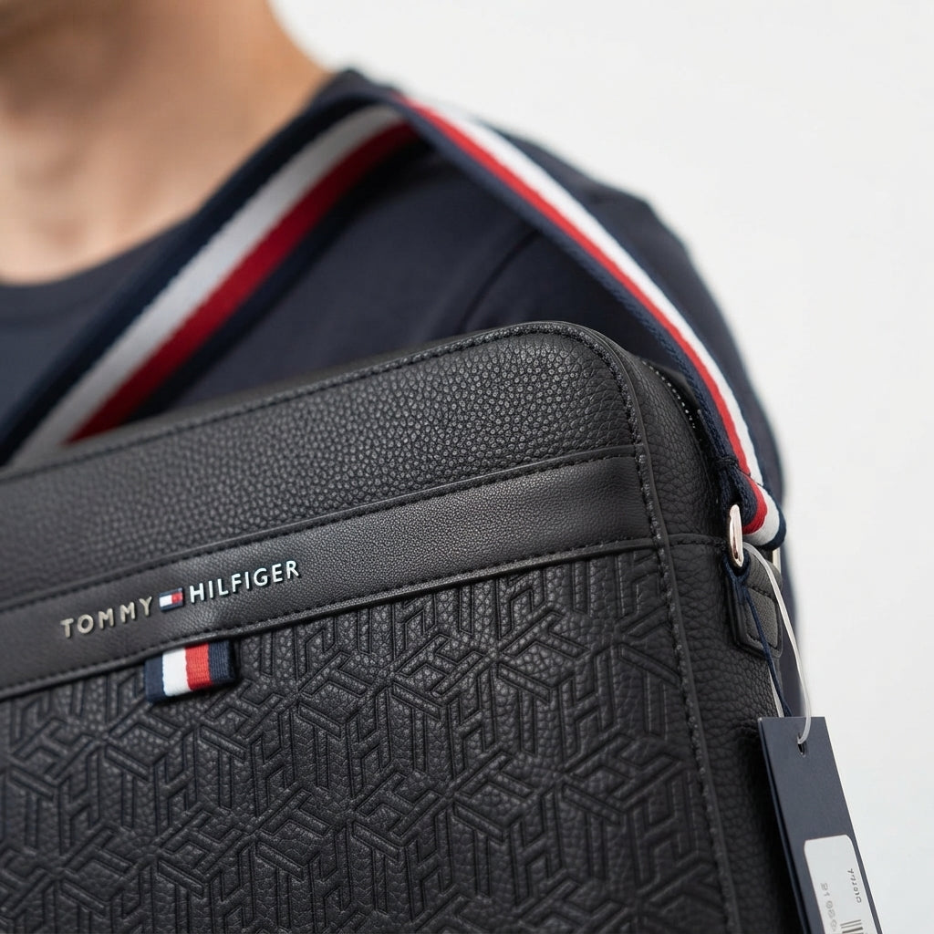 Tommy Hilfiger Monogram Crossbody Bag with Striped Strap - Black #0066
