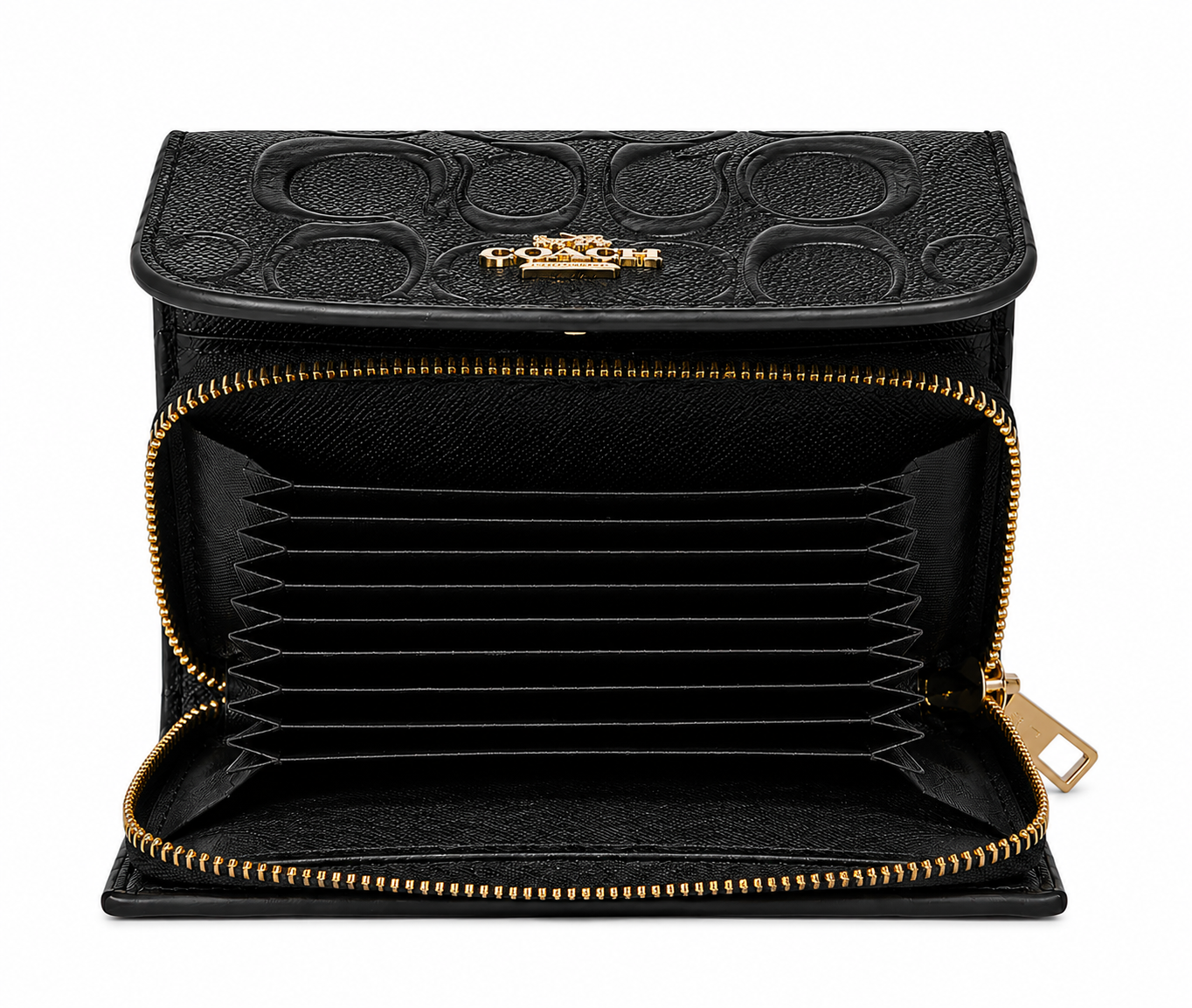 COACH Women's Premium Leather Wallet – Black with Signature Embossed Pattern & Gold Zipper#02