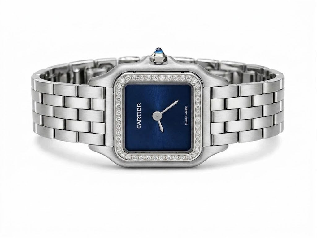 Cartier Panthère-Inspired Women’s Silver-Tone Square Watch with Sparkling Rhinestone-Set Bezel & Navy Blue Dial (Small Case) Dimensions: 25.1 × 18.5 mm