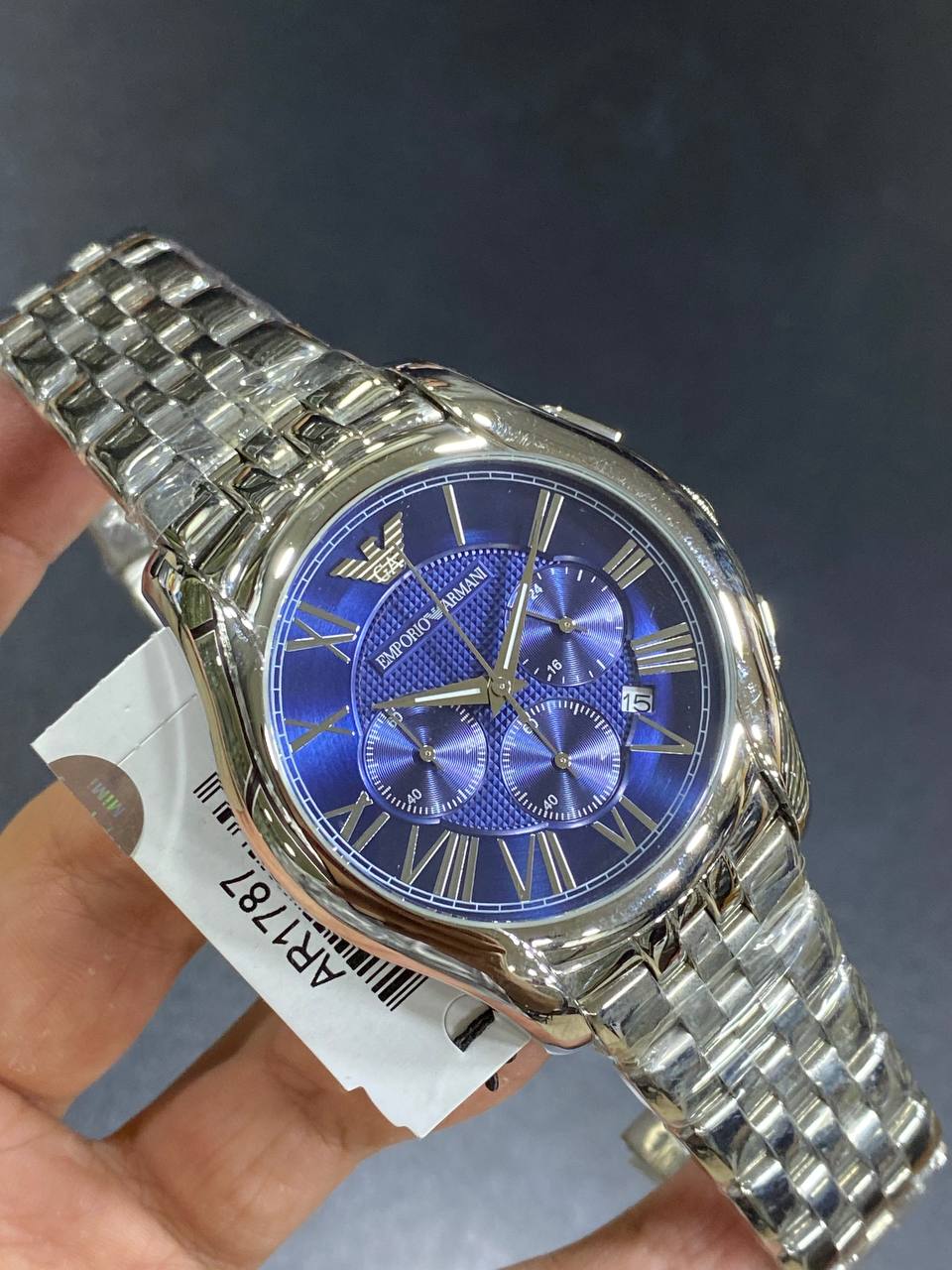 Emporio Armani AR1787 Men’s Analog Watch – 45mm Blue Dial with Silver Stainless Steel Strap