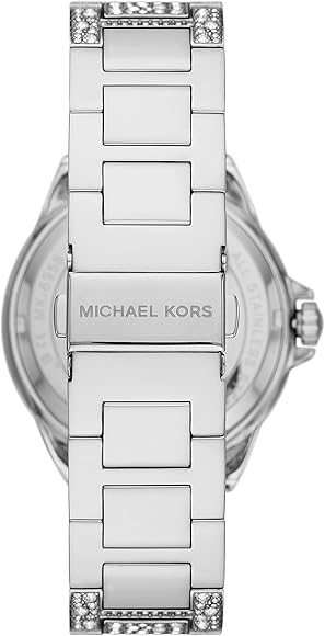 Michael Kors Camille Women’s Chronograph Watch – Silver Stainless Steel with Crystal Accents | Pearl White Dial | 42mm | MK6957
