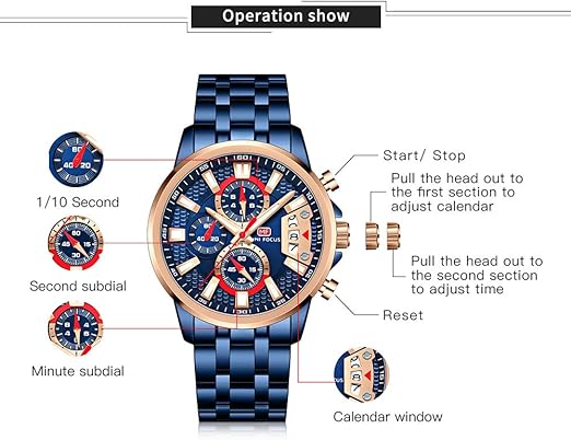 Mini Focus MF0352G.03 Men’s Chronograph Quartz Watch – Blue Stainless Steel Strap, 42mm Case