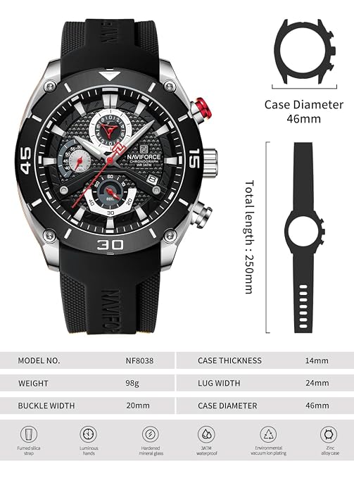 NAVIFORCE NF8038 Men's Chronograph Watch with Black Silicone Strap, 30M Water Resistant