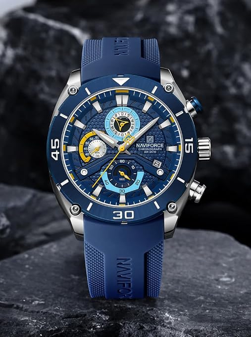 NAVIFORCE NF8038 Men's Chronograph Watch with Blue Silicone Strap, 30M Water Resistant