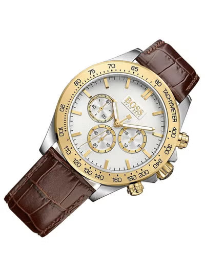 Hugo Boss Ikon 1513174 Men’s Watch – Silver Dial, Brown Leather Strap, Quartz Chronograph, 44mm, 100M Water Resistant