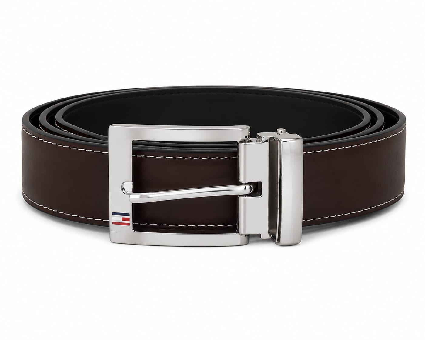 Tommy Hilfiger Men's Reversible Leather Belt – Black & Brown with Silver-Tone Rotating Buckle#010