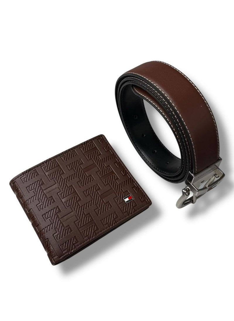 TH Brown Leather Wallet-Belt Set For Men #3