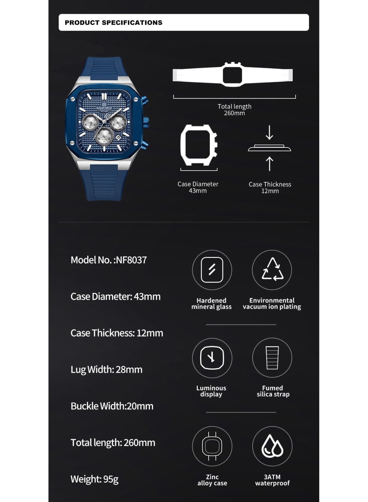 NAVIFORCE NF8037 Men's Chronograph Watch with Blue Silicone Strap, 30M Water Resistant