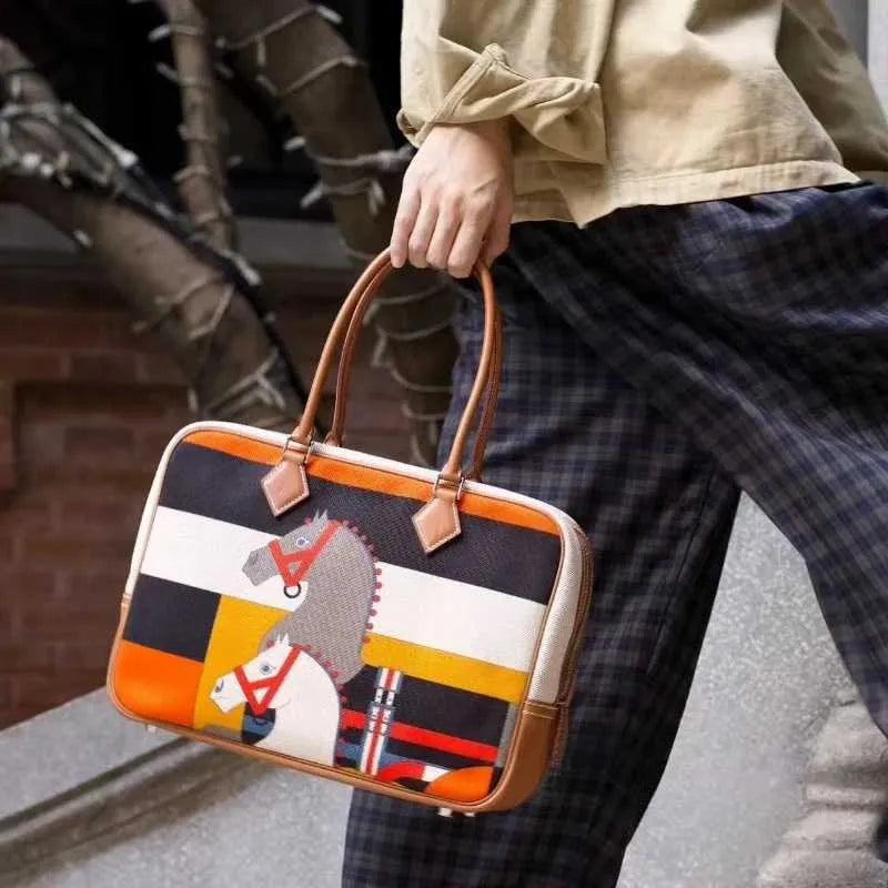 Women's Classic Equestrian Horse Print Geometric Striped Fashion Handbag#0003