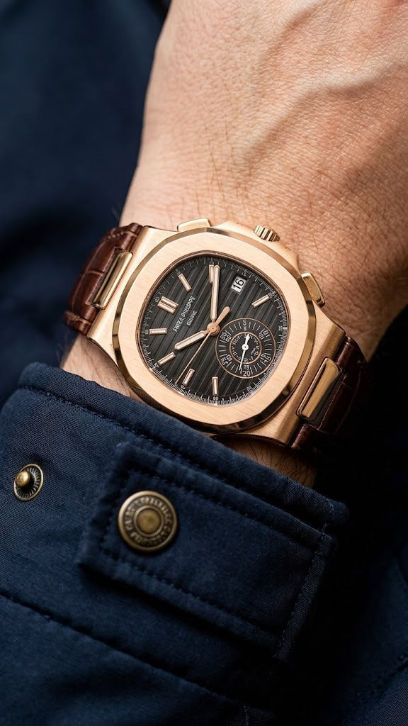 Luxury Nautilus-Style Watch – Black Textured Dial, Rose Gold Case & Brown Leather Strap