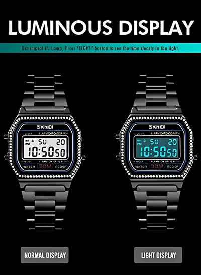 SKMEI 1474 Black Digital Watch for Men – Slim Retro Design with Stylish Crystal Accents