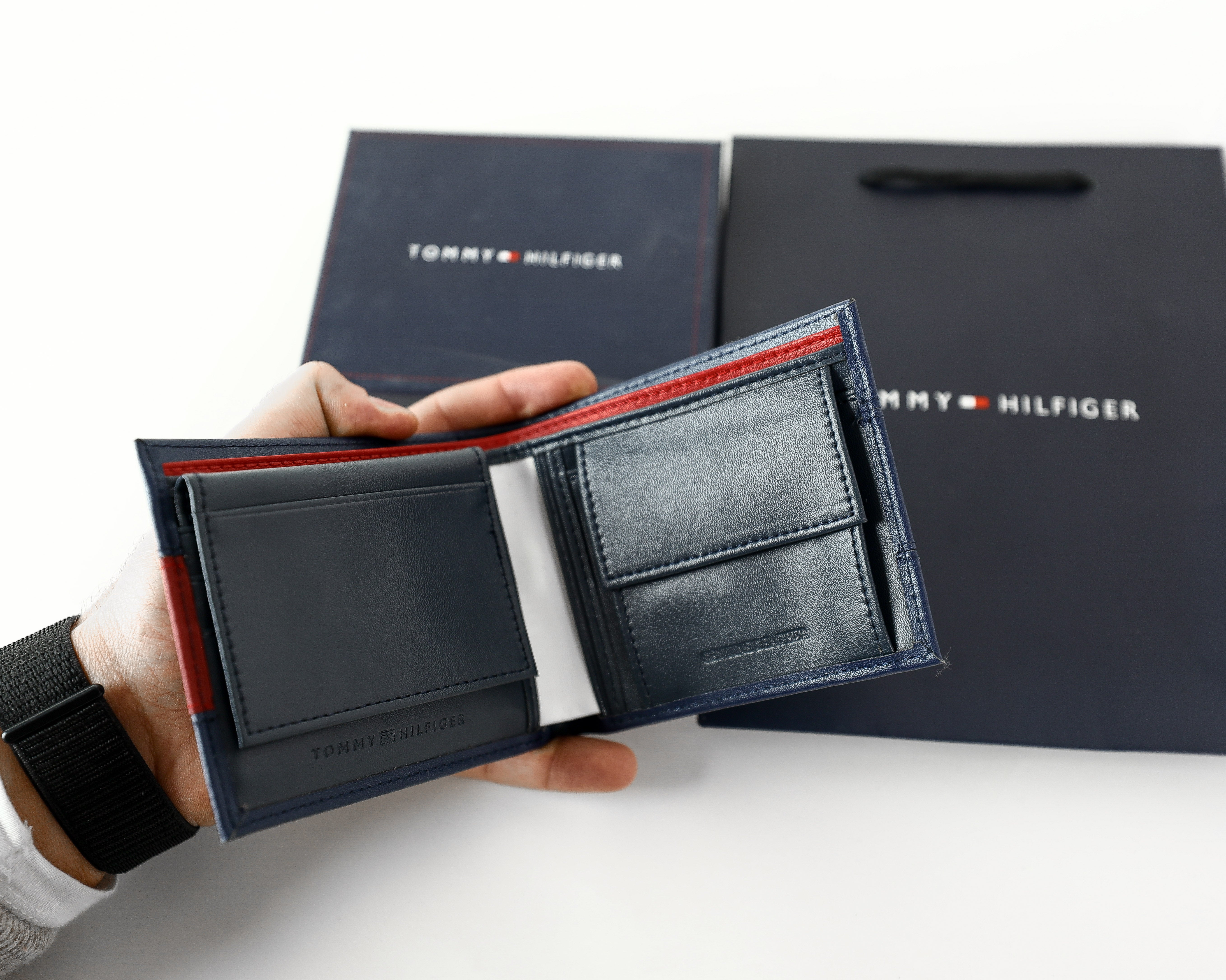 TH Navy Leather Bifold Wallet For Men #53