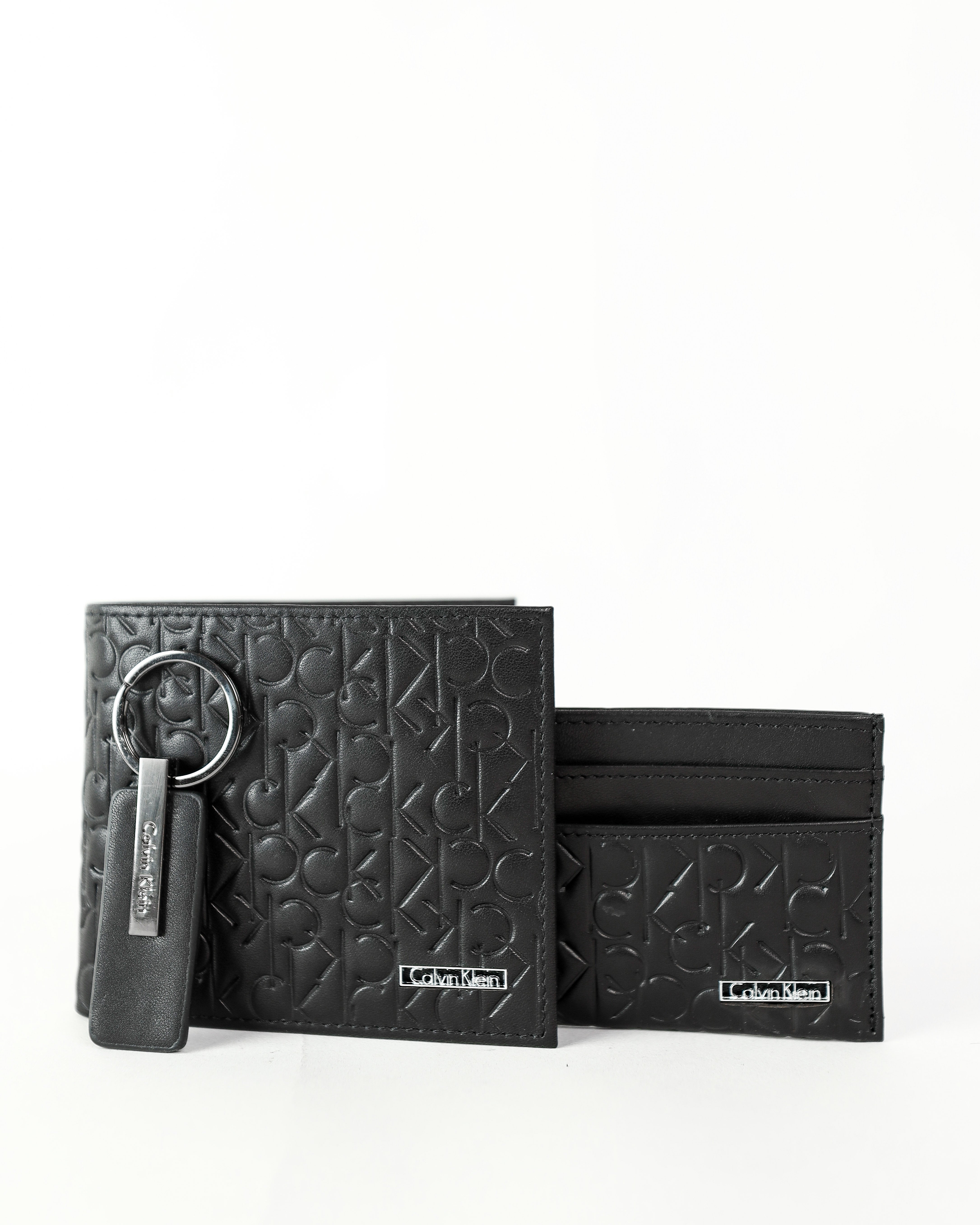 CK Black Monogram Leather Wallet-Keychain-Card Holder Set For Men #7